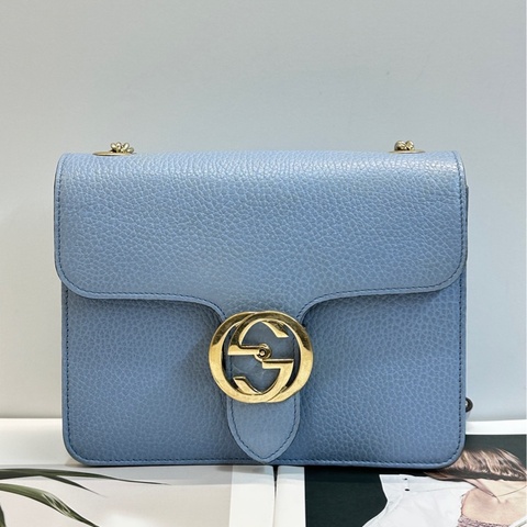 Gucci/古馳 小號藍色粒面牛皮雙G扣翻蓋風琴包