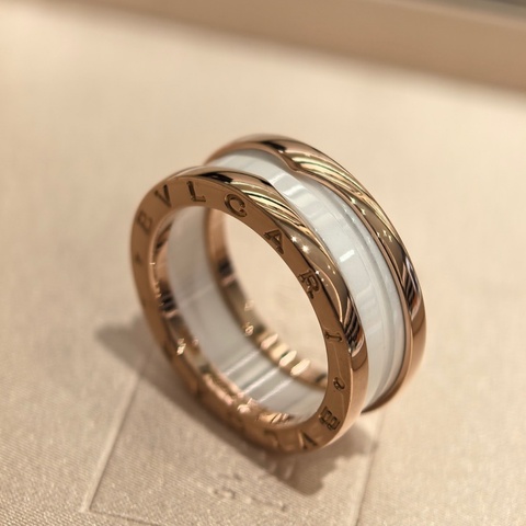 寶格麗/Bvlgari B.zero1系列 雙環白陶瓷戒指 18K玫瑰金 56號