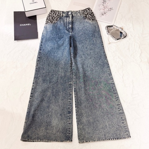 CHANEL 23S洗水藍拼接口袋闊腳牛仔褲 Size38