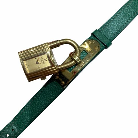 HERMES 愛馬仕 KELLY WATCH 綠色錶帶 鍍黃金色 石英錶
