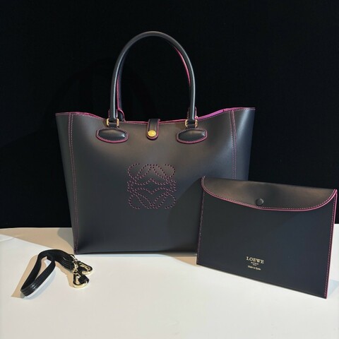 LOEWE/羅意威 玫粉深藍撞色牛皮托特手提包單肩包