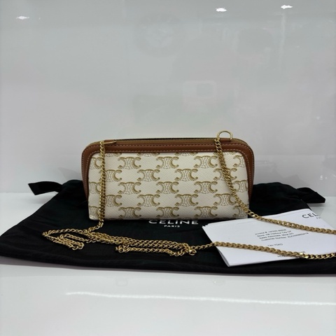 Celine賽琳白色老花貝殼包，經典凱旋門滿印，棕色皮邊金色鏈條，鏈條可單肩可斜挎 copy購證