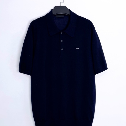 Prada FW25 小Logo刺繡 羊毛針織衫 Polo 短袖 深藍色 54碼