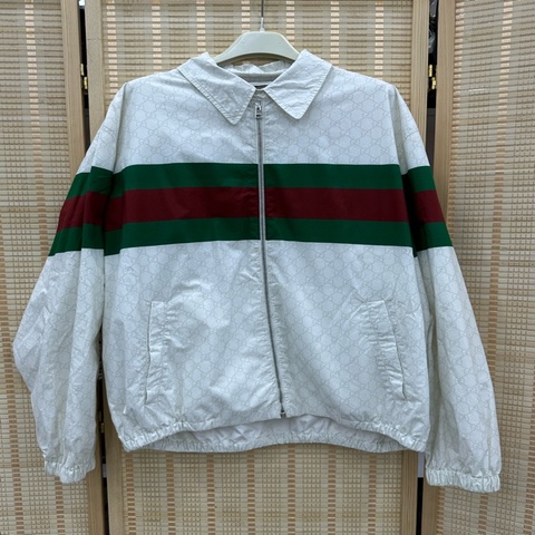 Gucci/古馳/白色紅綠條紋雙G滿印夾克外套 48碼  肩51 胸66 長70