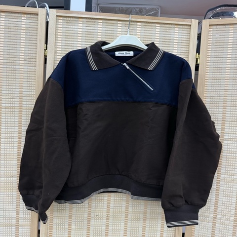 Miumiu 秀款藍棕拼色斜拉鍊Polo衛衣 L碼 肩55 胸61 長62