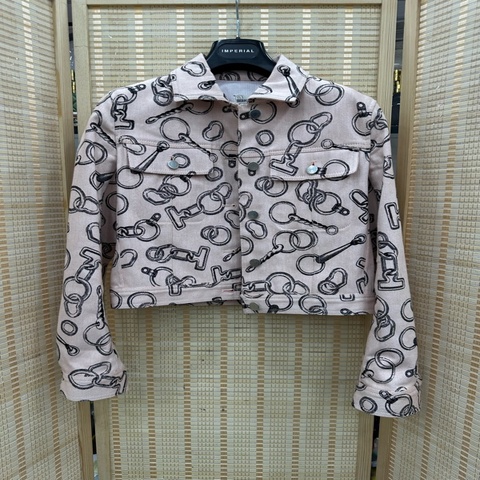 Hermes/愛馬仕 Effet Finesse 鎖扣滿印粉色牛仔夾克外套 36碼  肩39 胸42 長50