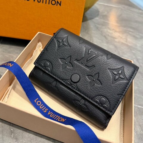 LV Victor 壓花牛皮三折式零錢短夾 黑