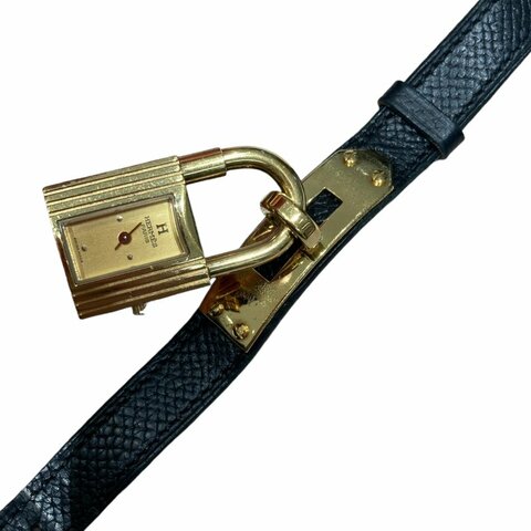 HERMES 愛馬仕 KELLY WATCH 黑色錶帶 鍍黃金色 石英錶
