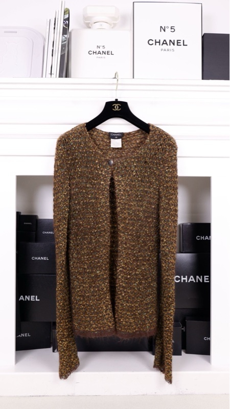 Chanel 98年咸菜绿彩色针织一粒扣开衫外套