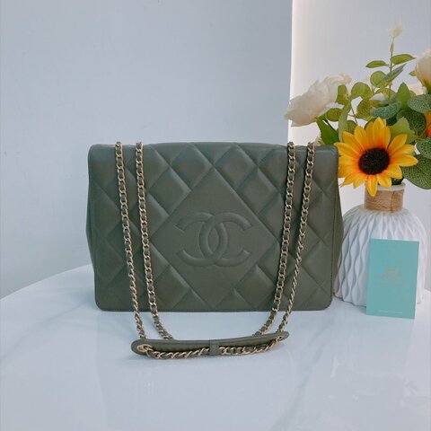MS0811	Chanel 香奈兒經典鑽石紋CC字單肩包包 Diamond with CC Logo Large 28cm Lambskin Dark Green x GHW
