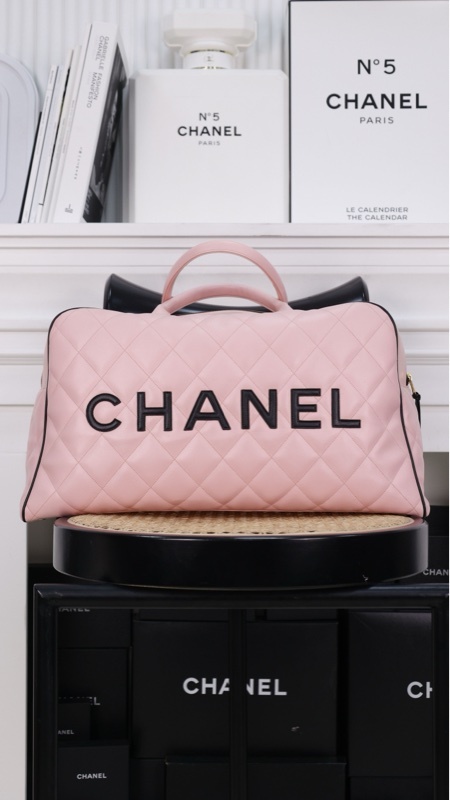 Chanel黑粉康鹏菱格纹XXL保龄球手提包旅行包