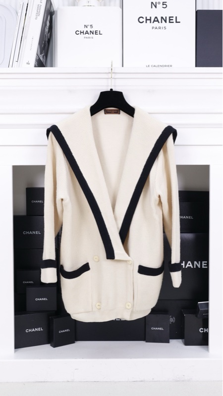 YSL米色针织黑色滚边海军领双排扣两口袋开衫外套