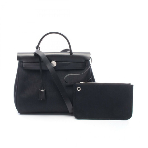 愛馬仕 Herbag Zip PM Letourne 兩用手提包，帆布和皮革拼接，軍綠色帆布，Vache Hunter 獵裝款，女士，黑色