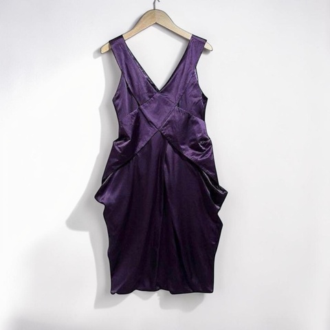 Calvin Klein ck黑標 V領交叉抓皺緞面絲綢洋裝 深紫小禮服 女 S