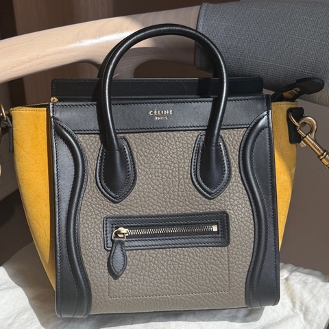 Celine/賽琳luggage笑臉包nano小號黑灰黃牛皮，