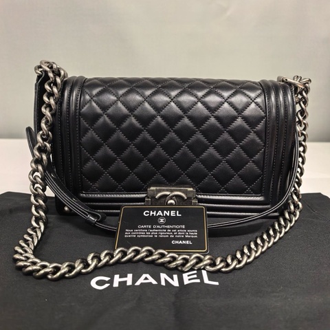 CHANEL 香奈兒 leboy 黑色菱格紋牛皮銀扣鏈條包單肩包