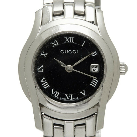 Gucci 5500L 石英錶，黑色錶盤，不鏽鋼錶殼，女錶