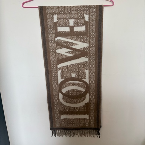 LOEWE 羅意威 卡其色 滿版喀什米爾羊毛混紡圍巾
