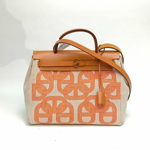 HERMES 沙灘金帆布牛皮U刻金扣herbag31肩背包