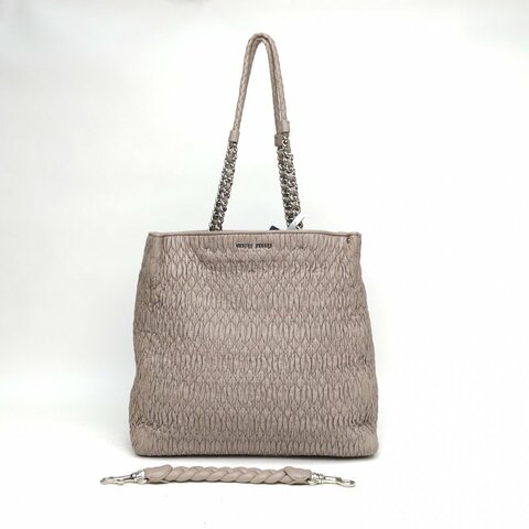 MIU MIU 棕色羊皮革銀扣褶皺托特包肩背包