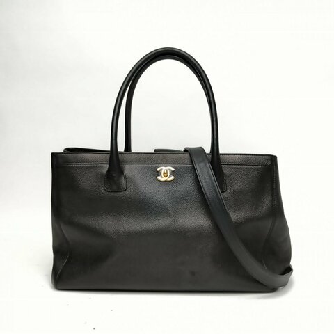 CHANEL Cerf托特包Tote大號黑色牛皮革金扣肩背包