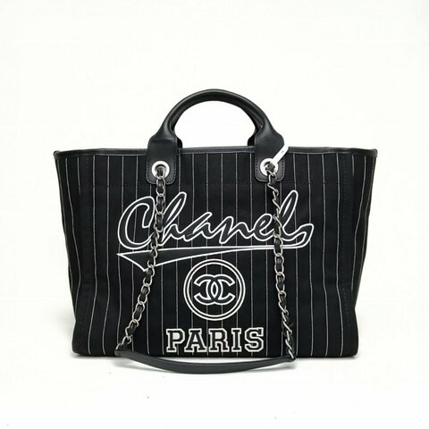 CHANEL 沙灘包帶手柄帆布版大號黑色帆布晶片銀扣肩背包