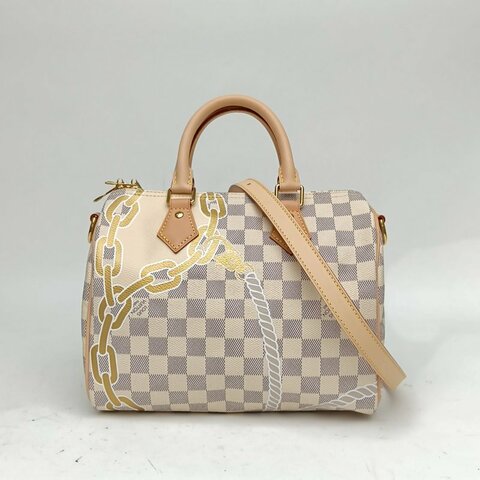 LOUIS VUITTON 白色棋盤格晶片Sp25春日限定金色鏈條花紋肩背包