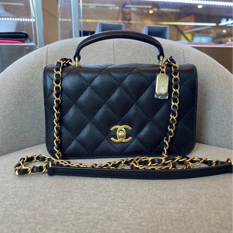 Chanel 23B 小號手柄  風琴鏈條包 黑金 荔枝皮 菱格 尺寸約20*12*8 芯片款