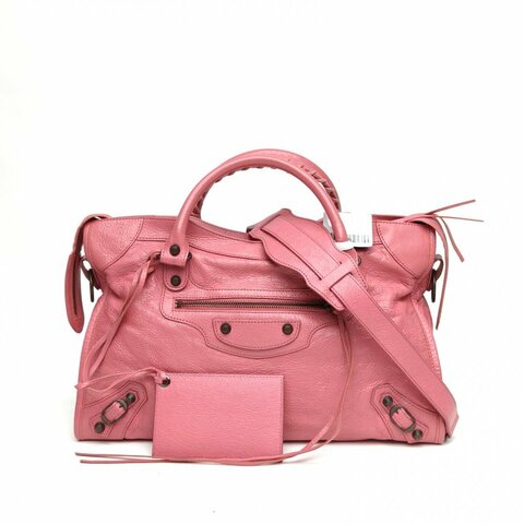 BALENCIAGA CLASSICCITY機車包中號粉色牛皮革黑扣肩背包