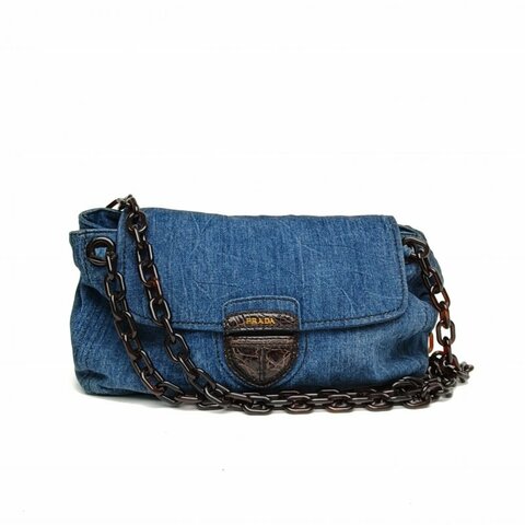 PRADA 藍色牛仔布中古玳瑁亞克力豬鼻子鏈條包肩背包