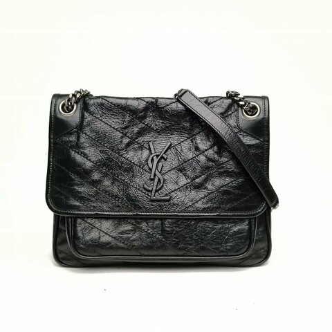 SAINT LAURENT Niki中號D扣黑色牛皮革銀扣肩背包