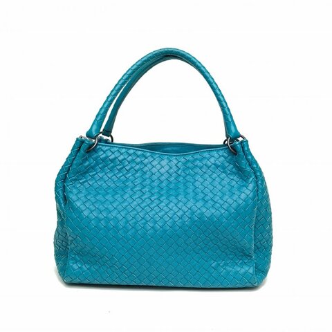 BOTTEGA VENETA 湖藍色牛皮革黑扣編織單肩包肩背包