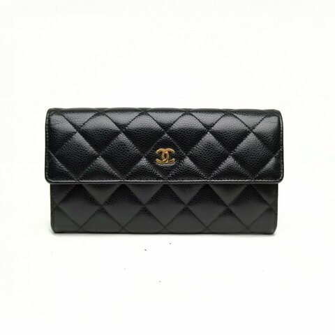 CHANEL 黑色荔枝牛皮金扣銀扣CF長款兩折錢包肩背包