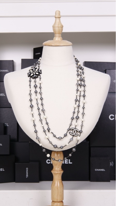 Chanel 13年黑银珐琅珠珠三层长项链毛衣链