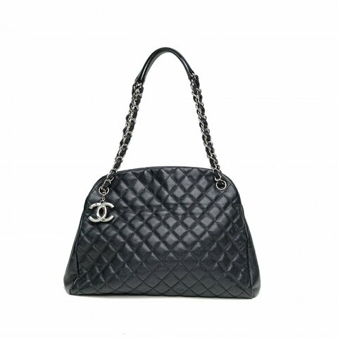 CHANEL 黑色荔枝牛皮革銀扣保齡球單肩包肩背包