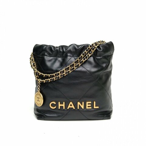 CHANEL 22BagTote托特包Mini黑色牛皮革晶片開金扣肩背包