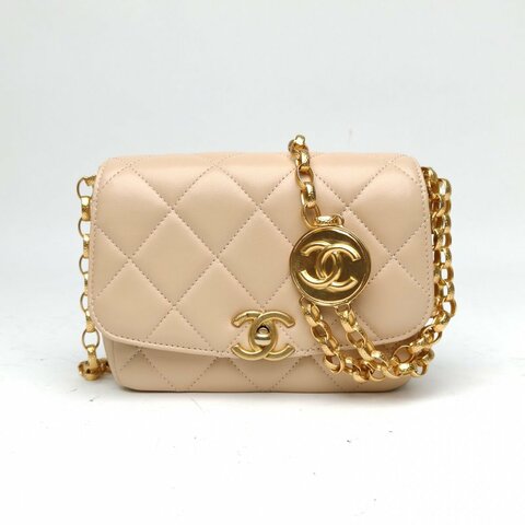 CHANEL CF口蓋包方胖子米色羊皮革金扣金幣雕花肩背包