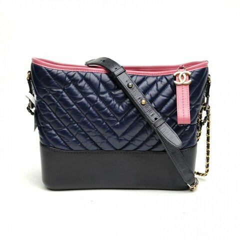 CHANEL GABRIELLE流浪新中號拼色牛皮革金銀扣V紋肩背包