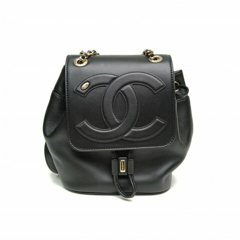 CHANEL 黑色羊皮革金扣浮雕大雙C大logo翻蓋抽繩雙肩包肩背包