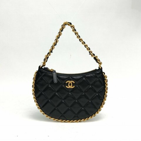 CHANEL 黑色羊皮革金扣23B皮穿鏈邊嬉皮包Hobo肩背包
