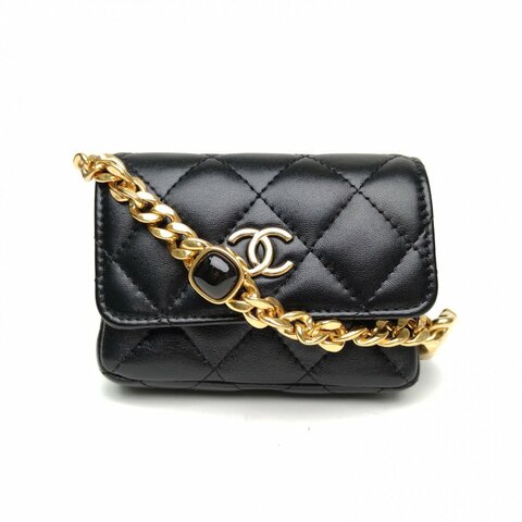 CHANEL 黑色羊皮革金扣超mini黑白琺瑯鏈條腰包肩背包