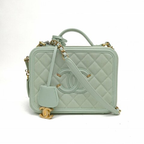 CHANEL VanityCase相機包橫版中號綠色牛皮革皮扣肩背包