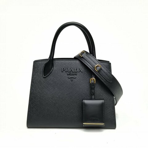 PRADA Monochrome系列手提單肩包黑色牛皮革黑扣肩背包