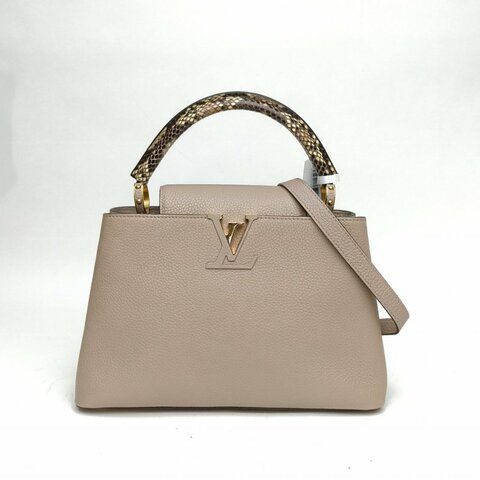 LOUIS VUITTON Capucines小號手柄拼灰色牛皮革/蛇皮金扣晶片肩背包