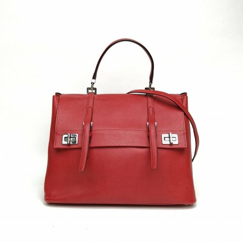 PRADA 紅色牛皮革銀扣TurnLock手提包肩背包
