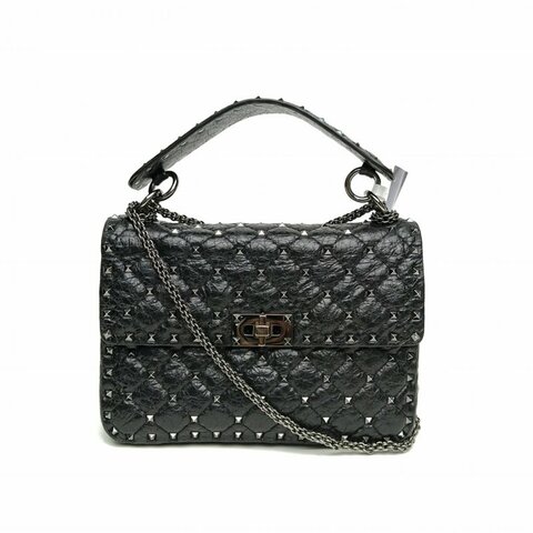 VALENTINO ROCKSTUDSPIKE中號鏈式手袋黑色羊皮革鎢鋼扣肩背包