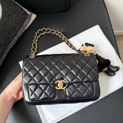 香奈兒/Chanel 23k Classic Flap 小號口蓋包黑金雙口袋羊皮郵差包單肩包斜挎包