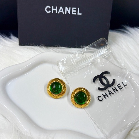 【Fullset全套適合送禮✨全網最低價】Chanel/香奈兒  vintage金色中古祖母綠圓形琉璃耳夾
