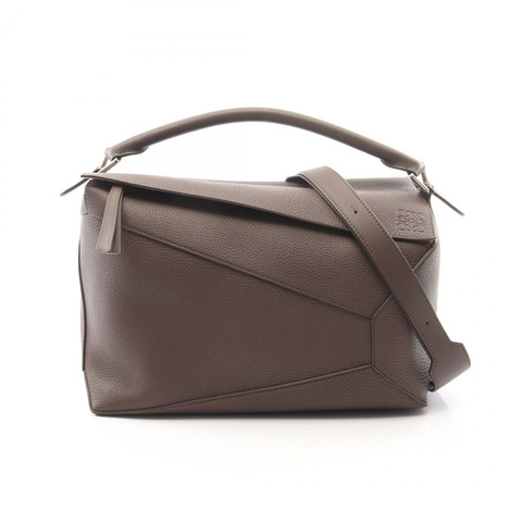 LOEWE Puzzle Edge 大單肩斜背包，棕色皮革，二手女款