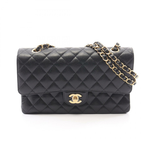 香奈兒 (CHANEL) Matelasse W 翻蓋鏈條單背包 A01113 黑色皮革 二手 金色五金